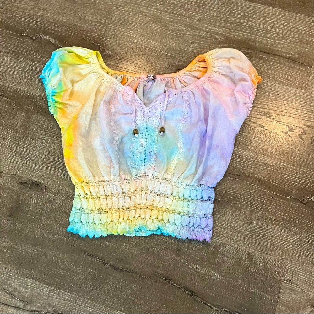 Surf Style Gray Tie-Dye Puff Sleeve Peasant Cropped T-Shirt Women's Size Small